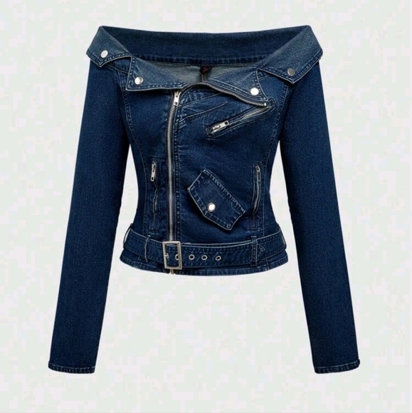 Grunge Punk Y2K Babe Off-Shoulder Form-Fitting Cropped Denim Moto Jacket - Picture 1 of 3